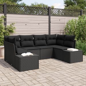 6 darabos kert sofa szett párnákkal fekete poli rattan