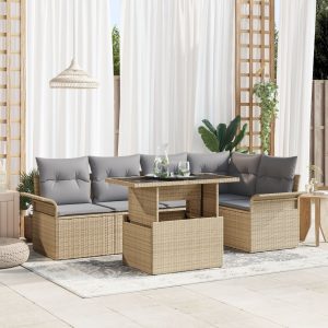 6 darabos kerti kanapé szett párnákkal bézs poly rattan