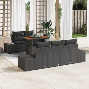 6 darabos kerti kanapé szett párnákkal fekete poly rattan