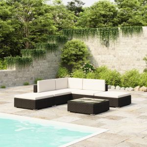 6-részes fekete polyrattan kerti bútorszett párnákkal