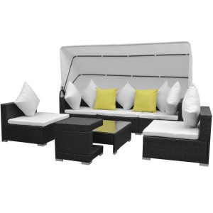 7 darabos fekete polyrattan kerti bútorszett napellenzővel