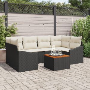 7 darabos kert kanapé szett párnákkal fekete poly rattan akác