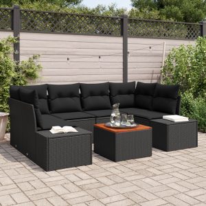 7 darabos kert sofa szett párnákkal fekete poli rattan akác
