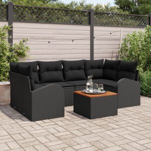 7 darabos kert sofa szett párnákkal fekete poli rattan akác