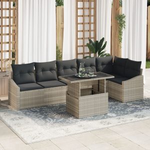 7 darabos kerti kanapé szett párnákkal világosszürke poly rattan