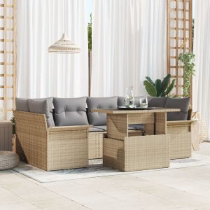 7 részes kert kanapé szett párnákkal bézs polyrattan