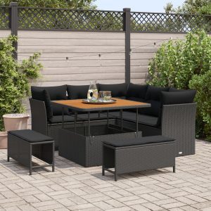 8 darabos kerti kanapé szett párnákkal fekete poly rattan akác