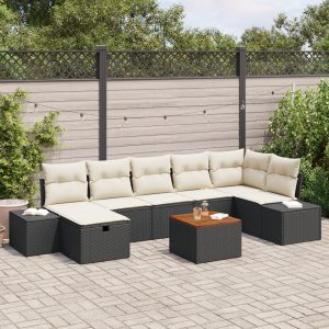 8 részes kerti sofa szett párnákkal fekete poli rattan