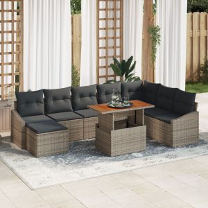 9 darabos kerti étkező szett párnákkal szürke poly rattan akác