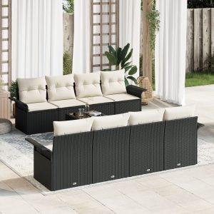 9 darabos kerti kanapé szett párnákkal fekete poly rattan