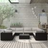 9-részes fekete polyrattan kerti bútorszett párnákkal