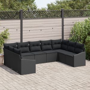 9 részes kert kanapé készlet párnákkal fekete poly rattan