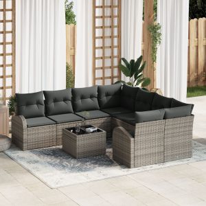 9 részes kerti kanapé szett párnákkal szürke poli rattan
