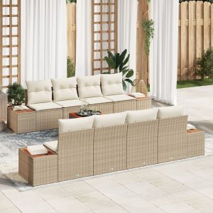 9 részes kerti sofa szett párnákkal bézs poli rattan akáciából