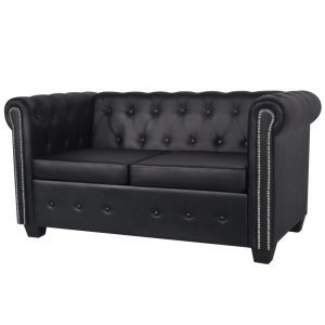 2 személyes fekete chesterfield műbőr kanapé