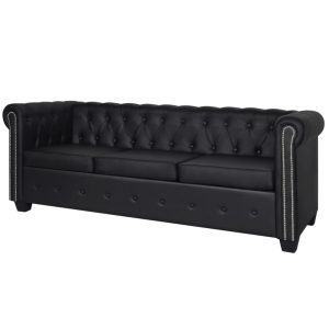 3 személyes fekete chesterfield műbőr kanapé