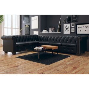 6 személyes fekete műbőr chesterfield sarok kanapé