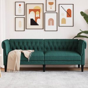 Sötétzöld 3 személyes szövet chesterfield kanapé