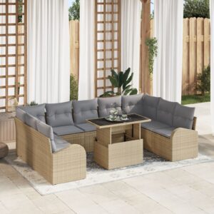 10 darabos kert sofa szett párnákkal bézs polyrattan