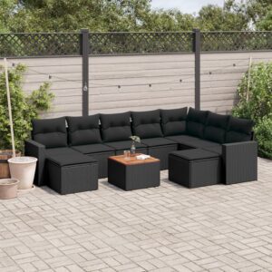 10 részes fekete polyrattan kerti ülőgarnitúra párnákkal