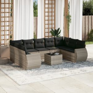 10 részes világosszürke polyrattan kerti ülőgarnitúra párnákkal