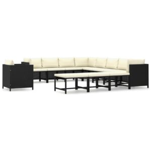 12 részes fekete polyrattan kerti bútorszett párnákkal