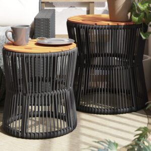 2 db fekete polyrattan kerti kisasztal fa asztallappal