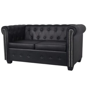 2 személyes fekete chesterfield műbőr kanapé