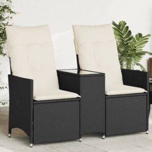 2 személyes fekete polyrattan dönthető kerti kanapé asztallal