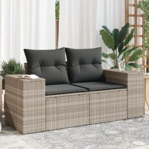 2 személyes világosszürke polyrattan kerti kanapé párnával