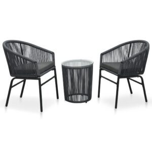 3-részes antracitszürke pvc rattan bisztrószett párnákkal