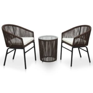 3-részes barna pvc rattan bisztrószett párnákkal
