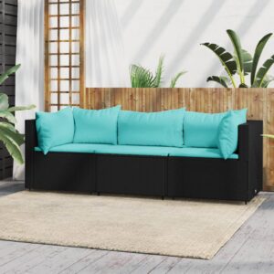 3 részes fekete polyrattan kerti ülőgarnitúra párnákkal