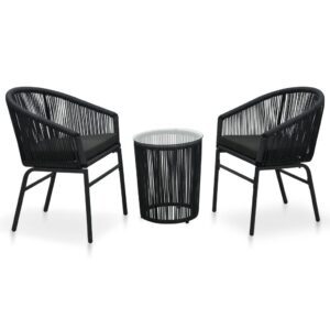 3-részes fekete pvc rattan bisztrószett párnákkal