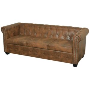3 személyes barna műbőr chesterfield kanapé