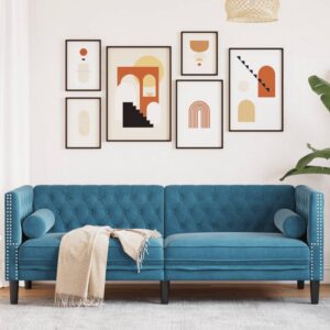 3 személyes kék bársony chesterfield kanapé hengerpárnákkal