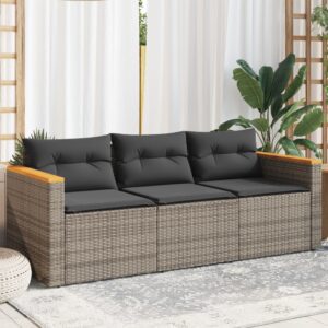 3 személyes szürke polyrattan kerti kanapé párnával