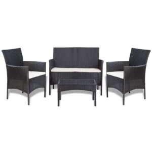 4-részes fekete polyrattan kerti bútorszett párnákkal