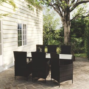 7-részes fekete polyrattan kültéri étkezőszett párnákkal