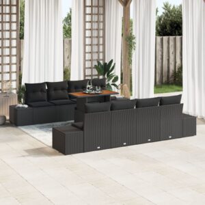 7 részes kert sofa szett párnákkal fekete poli rattan