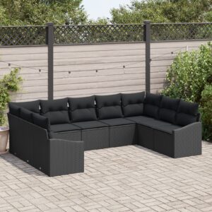 9 részes kert kanapé készlet párnákkal fekete poly rattan