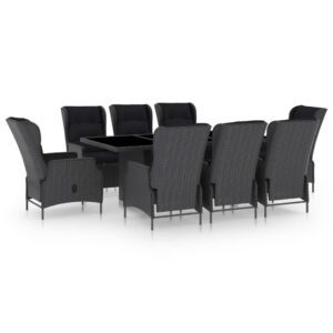 9 részes sötétszürke polyrattan kültéri étkezőszett párnákkal