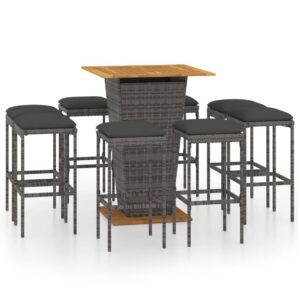 9 részes szürke polyrattan kerti bárszett párnákkal