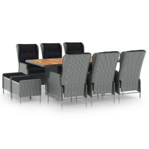 9 részes világosszürke polyrattan kültéri étkezőszett párnákkal