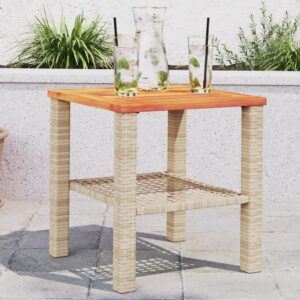Bézs polyrattan és akácfa kerti asztal 40 x 40 x 42 cm