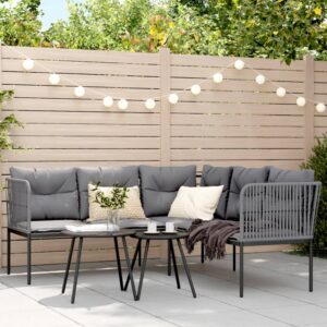 Fekete acél és textilén l-alakú kerti kanapé párnákkal