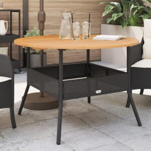 Fekete polyrattan kerti asztal akácfa lappal ø110 x 71 cm