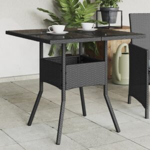 Fekete polyrattan üveglapos kerti asztal 80 x 80 x 75 cm