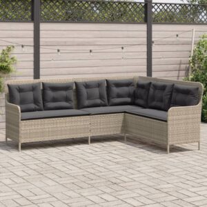 Világosszürke polyrattan l-alakú kerti kanapé párnákkal