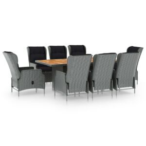 9 részes világosszürke polyrattan kültéri étkezőszett párnákkal